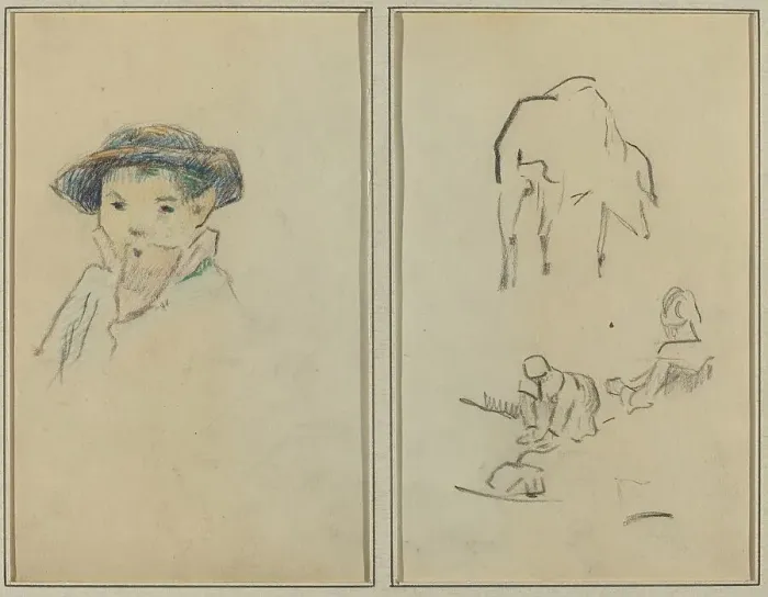 Framed Print : Little Breton Boy; A Pig and a Washerwoman [recto], 1884-1888. Creator: Paul Gauguin