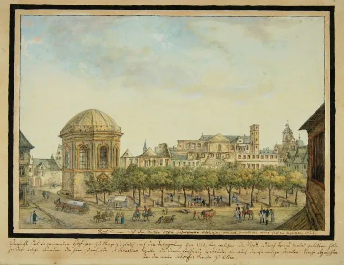 Framed Print : The little court in Mainz with the Sebastian chapel and the ruin of the Jesuit Church, 1824 Framed Print : The little court in Mainz with the Sebastian chapel and the ruin of the Jesuit Church, 1824