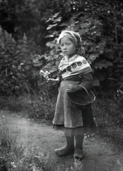Framed Print : Little girl with basket and flowers in hands, 1898-1900. Creator: Johan Severin Nilson Framed Print : Little girl with basket and flowers in hands, 1898-1900. Creator: Johan Severin Nilson