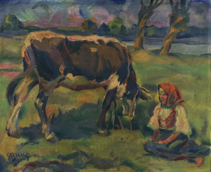 Framed Print : A Little Girl with a Cow, around 1937. Creator: Gustav Mally Framed Print : A Little Girl with a Cow, around 1937. Creator: Gustav Mally