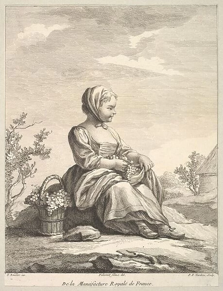 Little girl holding grapes with a basket of them by her side, from Deuxieme Livre de