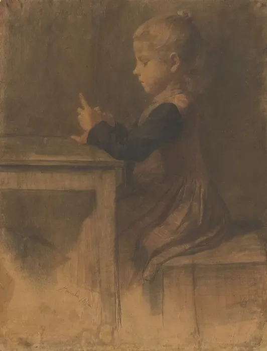 Framed Print : Little girl knitting, 1892. Creator: Jozef Hanula Framed Print : Little girl knitting, 1892. Creator: Jozef Hanula