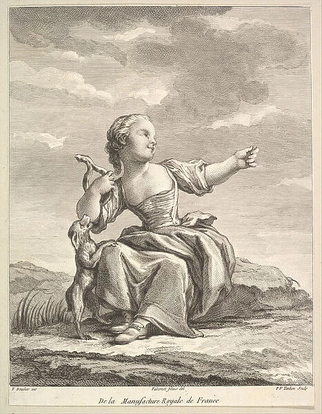 Little girl playing with a dog, from Deuxieme Livre de Figures d aprè