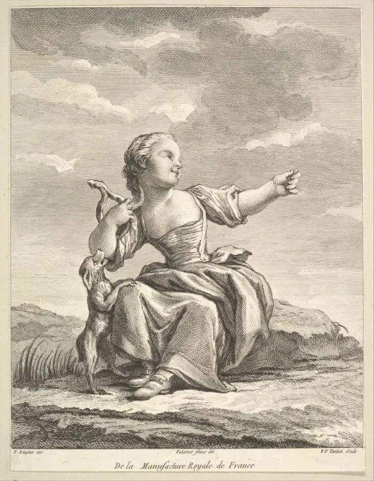 Framed Print : Little girl playing with a dog, from Deuxieme Livre de Figures d aprè Framed Print : Little girl playing with a dog, from Deuxieme Livre de Figures d aprè