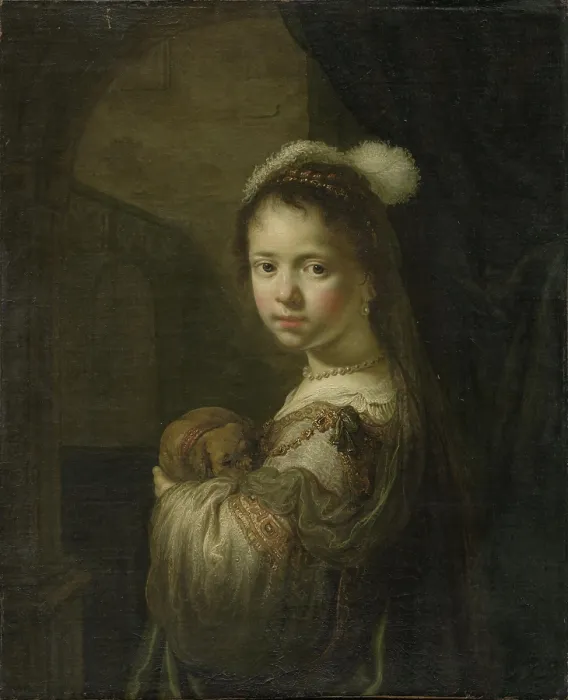 Framed Print : A Little Girl with a Puppy in Her Arms, 1635-1639. Creator: Flinck, Govaert (1615-1660) Framed Print : A Little Girl with a Puppy in Her Arms, 1635-1639. Creator: Flinck, Govaert (1615-1660)