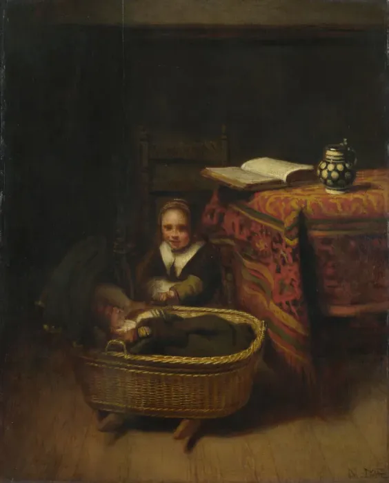 Framed Print : A Little Girl rocking a Cradle, c. 1655. Artist: Maes, Nicolaes (1634-1693)