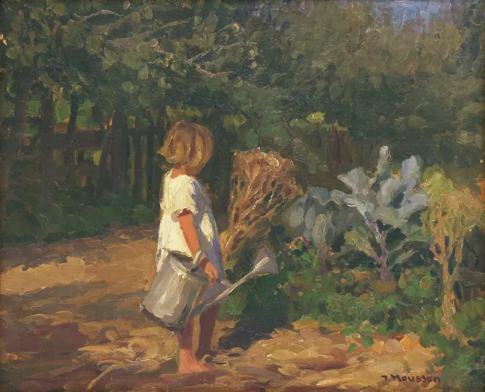 Framed Print : Little girl with a watering can, 1918. Creator: Teodor Jozef Mousson Framed Print : Little girl with a watering can, 1918. Creator: Teodor Jozef Mousson
