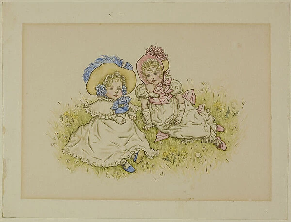 Two Little Girls with Bonnets, 1883. Creator: Catherine Greenaway