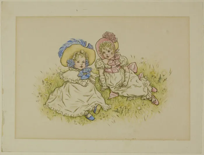 Framed Print : Two Little Girls with Bonnets, 1883. Creator: Catherine Greenaway