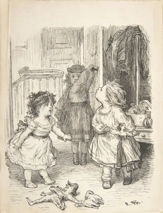 Framed Print : Three Little Girls in a Room Arguing and Spitting, 1835-1903. Creator: Lorenz Frolich Framed Print : Three Little Girls in a Room Arguing and Spitting, 1835-1903. Creator: Lorenz Frolich