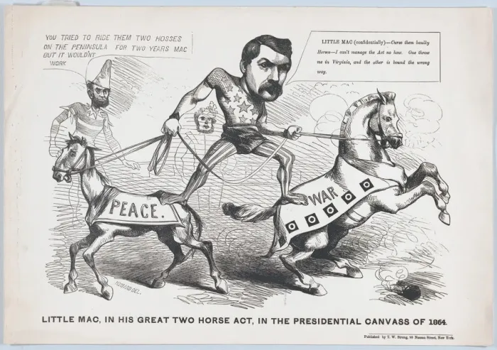 Framed Print : Little Mac, in His Great Two Horse Act, in the Presendential Canvass of 1864, 1864. Creator: John L Magee Framed Print : Little Mac, in His Great Two Horse Act, in the Presendential Canvass of 1864, 1864. Creator: John L Magee