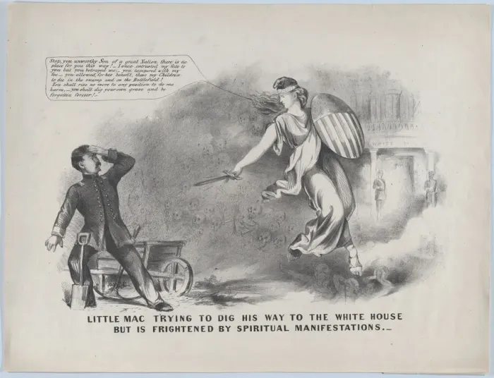 Framed Print : Little Mac Trying to Dig His Way to the White House, But is Frightened by Spiritual Ma... ca. 1864. Creator: Anon Framed Print : Little Mac Trying to Dig His Way to the White House, But is Frightened by Spiritual Ma... ca. 1864. Creator: Anon