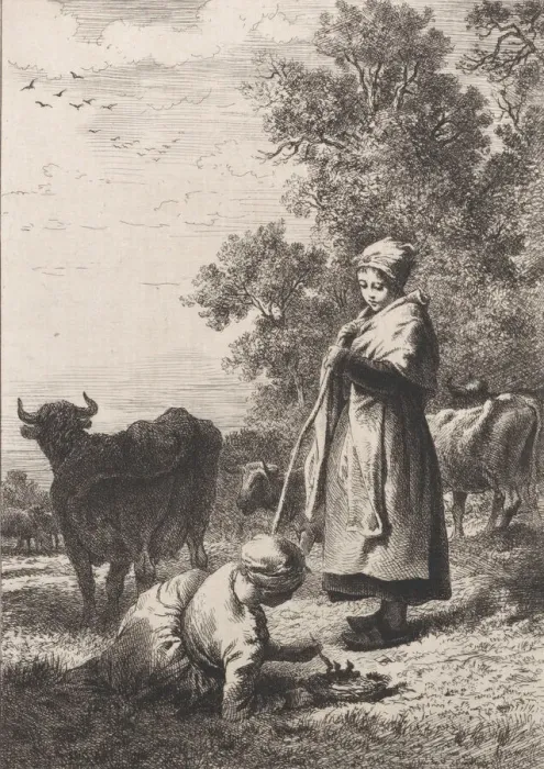 Framed Print : Little Milkmaids, 1864. Creator: Charles Emile Jacque Framed Print : Little Milkmaids, 1864. Creator: Charles Emile Jacque