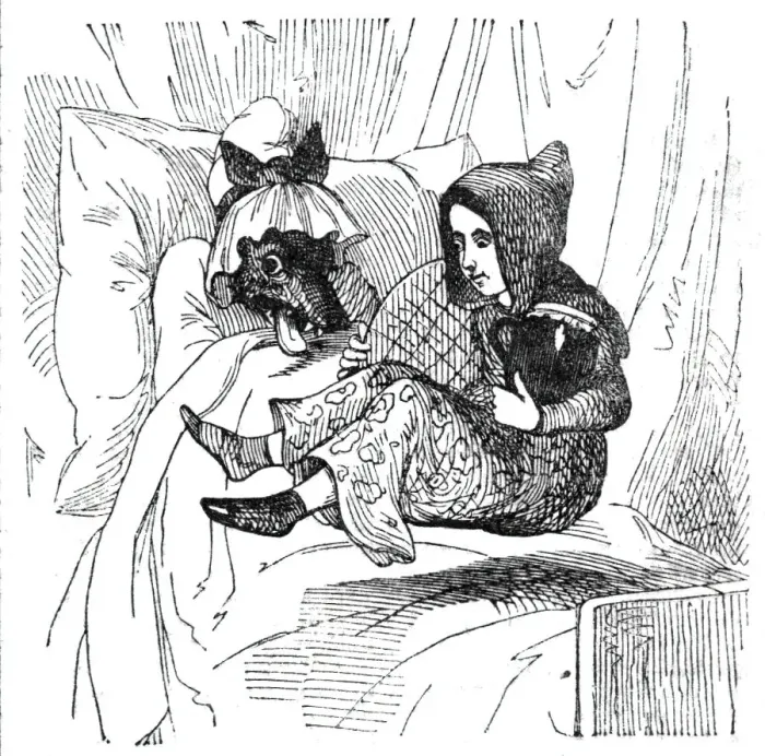 Framed Print : Little Red Riding Hood and the wolf disguised as her grandmother, 1842. Creator: Unknown Framed Print : Little Red Riding Hood and the wolf disguised as her grandmother, 1842. Creator: Unknown