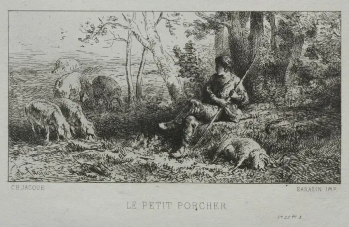 Framed Print : The Little Swineherd. Creator: Charles-Emile Jacque (French, 1813-1894) Framed Print : The Little Swineherd. Creator: Charles-Emile Jacque (French, 1813-1894)