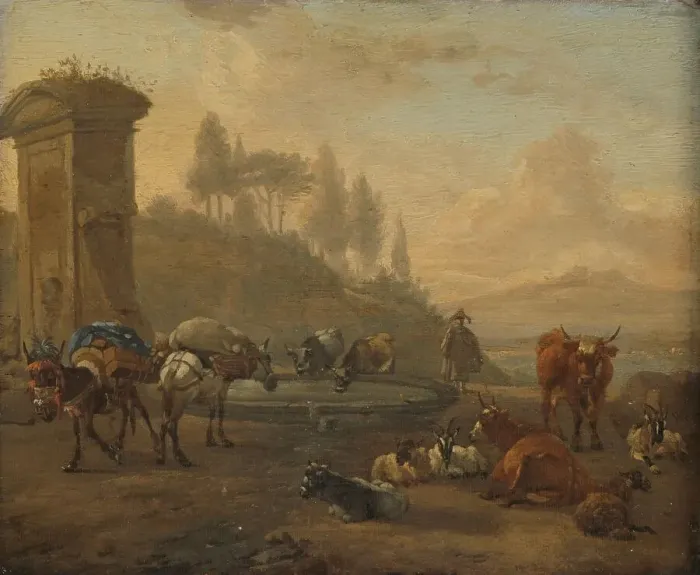 Framed Print : Livestock by a Fountain, 1650-1694. Creator: Willem Romeyn Framed Print : Livestock by a Fountain, 1650-1694. Creator: Willem Romeyn