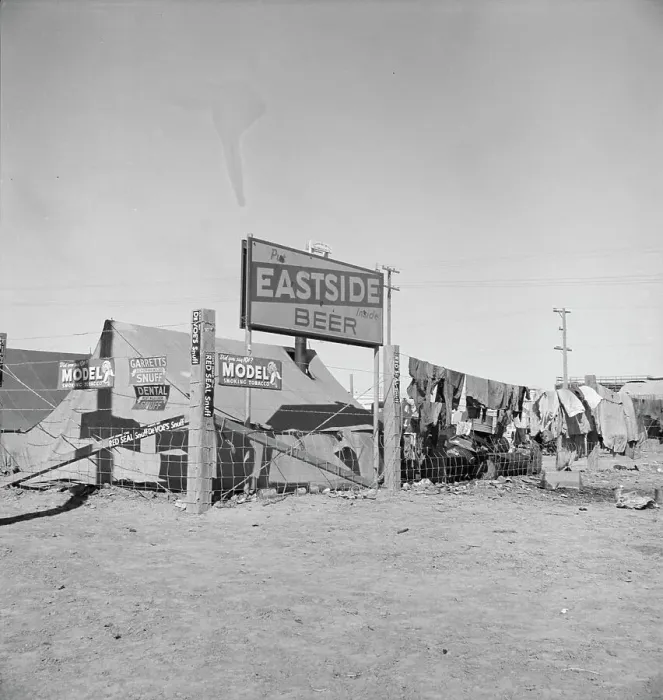Framed Print : Living conditions for migratory laborers in private auto camp, Calipatria, Imperial County, 1939. Creator: Dorothea Lange Framed Print : Living conditions for migratory laborers in private auto camp, Calipatria, Imperial County, 1939. Creator: Dorothea Lange