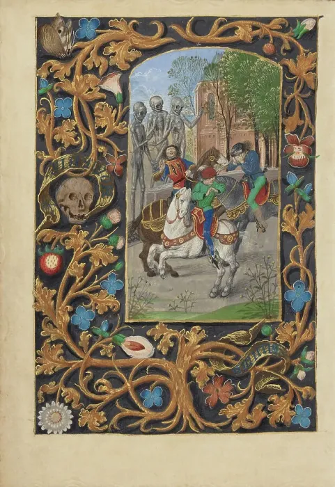 Framed Print : The Three Living and the Three Dead; Crohin-La Fontaine Hours, about 1480-1485 ?. Creator: Master of the Dresden Prayer Book Framed Print : The Three Living and the Three Dead; Crohin-La Fontaine Hours, about 1480-1485 ?. Creator: Master of the Dresden Prayer Book
