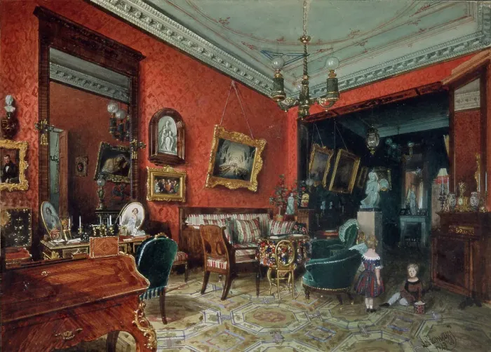Framed Print : A living room, 1840s. Artist: Premazzi, Ludwig (Luigi) (1814-1891) Framed Print : A living room, 1840s. Artist: Premazzi, Ludwig (Luigi) (1814-1891)