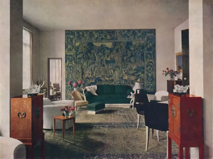 Framed Print : Living-room designed by Porteneuve & Dominique, the end wall of which is hung Framed Print : Living-room designed by Porteneuve & Dominique, the end wall of which is hung