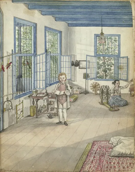Framed Print : Living room with son Jantje and Flora, an enslaved woman, near a spinning wheel, 1784. Creator: Jan Brandes Framed Print : Living room with son Jantje and Flora, an enslaved woman, near a spinning wheel, 1784. Creator: Jan Brandes