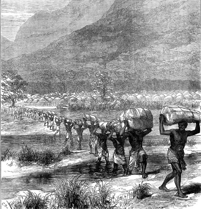 Framed Print : The Livingstone Aid Expedition: crossing a river in East Africa, 1873. Creator: Unknown
