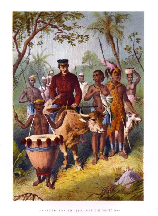 Framed Print : Livingstone Weak From Fever Escorted to Shintes Town, 19th century Framed Print : Livingstone Weak From Fever Escorted to Shintes Town, 19th century