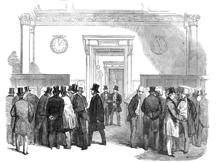 Framed Print : Lloyd's Merchants Room - Reading the News of the Victory of the Alma, 1854. Creator: Unknown Framed Print : Lloyd's Merchants Room - Reading the News of the Victory of the Alma, 1854. Creator: Unknown