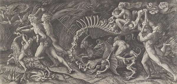 Lo Stregozzo: a female witch riding on an animal skeleton, preceded by two men
