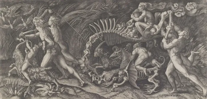 Framed Print : Lo Stregozzo: a female witch riding on an animal skeleton, preceded by two men Framed Print : Lo Stregozzo: a female witch riding on an animal skeleton, preceded by two men