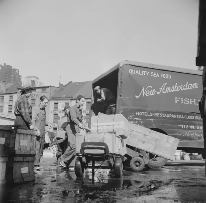 Framed Print : Loading boxes of fish to be shipped to hotels and restaurants at the Fulton fish... New York, 1943. Creator: Gordon Parks Framed Print : Loading boxes of fish to be shipped to hotels and restaurants at the Fulton fish... New York, 1943. Creator: Gordon Parks