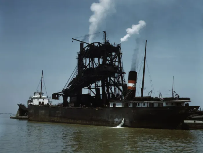 Framed Print : Loading coal into a freighter at one of the Pennsylvania Railroad docks, Sandusky, Ohio, 1943. Creator: Jack Delano Framed Print : Loading coal into a freighter at one of the Pennsylvania Railroad docks, Sandusky, Ohio, 1943. Creator: Jack Delano