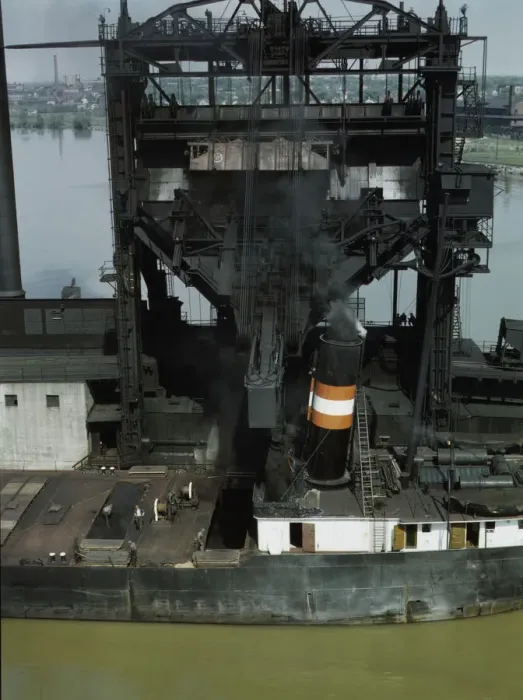 Framed Print : Loading coal into a lake freighter at the Pennsylvania Railroad docks, Sandusky, Ohio, 1943. Creator: Jack Delano Framed Print : Loading coal into a lake freighter at the Pennsylvania Railroad docks, Sandusky, Ohio, 1943. Creator: Jack Delano
