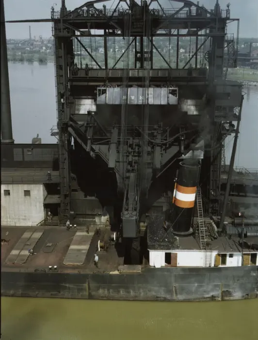 Framed Print : Loading coal into a lake freighter at the Pennsylvania Railroad docks, Sandusky, Ohio, 1943. Creator: Jack Delano Framed Print : Loading coal into a lake freighter at the Pennsylvania Railroad docks, Sandusky, Ohio, 1943. Creator: Jack Delano