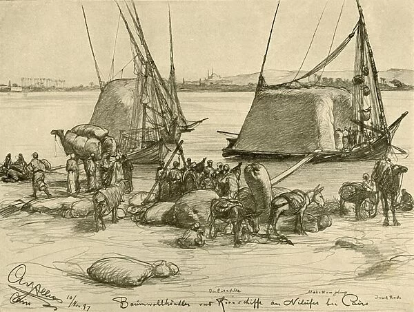 Loading cotton onto grain boats, River Nile, Cairo, Egypt, 1898