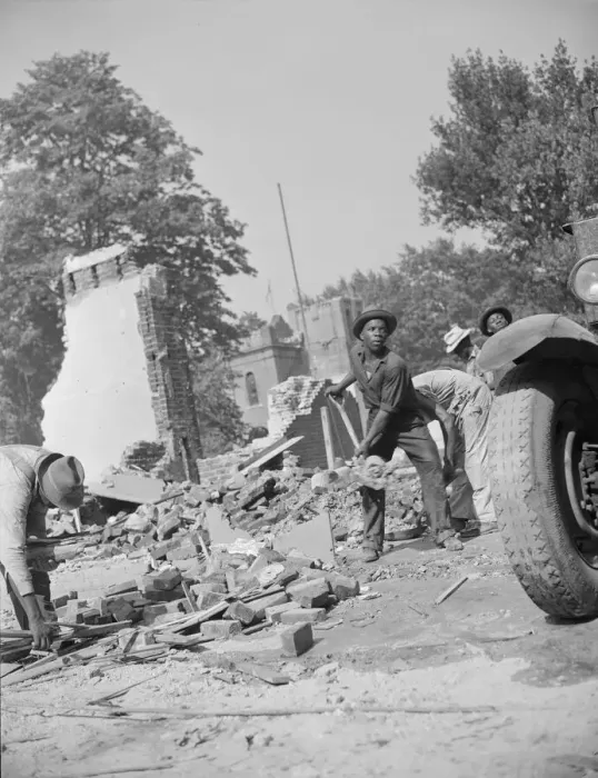 Framed Print : Loading debris from wrecked buildings along Independence Avenue, Washington, D. C, 1942. Creator: Gordon Parks Framed Print : Loading debris from wrecked buildings along Independence Avenue, Washington, D. C, 1942. Creator: Gordon Parks