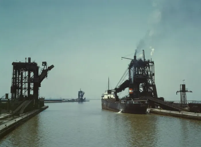 Framed Print : Loading a freighter with coal at one of the three coal docks owned by the... Sandusky, Ohio, 1943. Creator: Jack Delano Framed Print : Loading a freighter with coal at one of the three coal docks owned by the... Sandusky, Ohio, 1943. Creator: Jack Delano