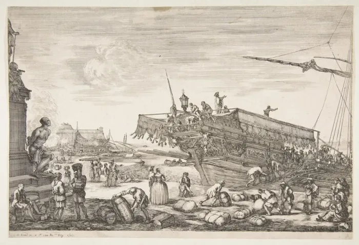 Framed Print : Loading a galley, from Views of the port of Livorno (Vues du port de Livourne), 1654-55 Framed Print : Loading a galley, from Views of the port of Livorno (Vues du port de Livourne), 1654-55