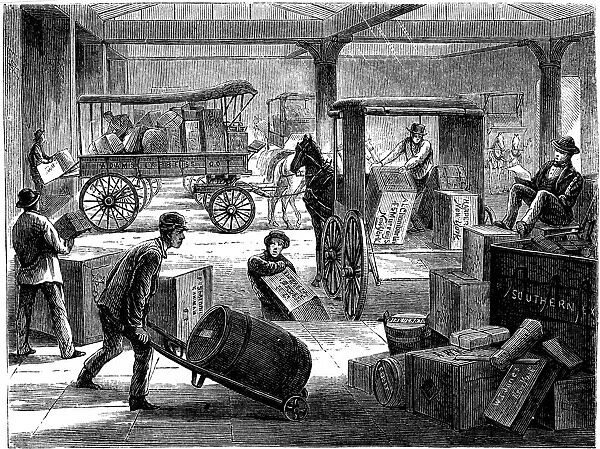 Loading up horse-drawn vans at the Wells Fargo general office, New York, USA, 1875