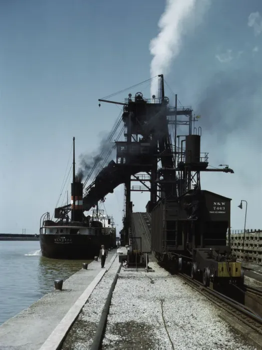 Framed Print : Loading a lake freighter with coal at the Pennsylvania R.R. coal docks... Sandusky, Ohio, 1943. Creator: Jack Delano Framed Print : Loading a lake freighter with coal at the Pennsylvania R.R. coal docks... Sandusky, Ohio, 1943. Creator: Jack Delano