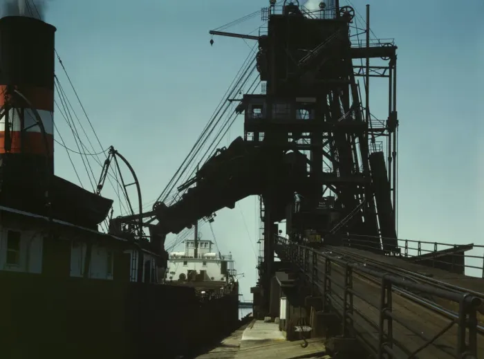 Framed Print : Loading a lake freighter with coal for shipment to other lake ports, Sandusky, Ohio, 1943. Creator: Jack Delano Framed Print : Loading a lake freighter with coal for shipment to other lake ports, Sandusky, Ohio, 1943. Creator: Jack Delano