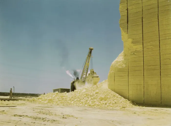 Framed Print : Loading sulphur from vat, Freeport Sulphur Co. Hoskins Mound, Texas, 1943. Creator: John Vachon Framed Print : Loading sulphur from vat, Freeport Sulphur Co. Hoskins Mound, Texas, 1943. Creator: John Vachon