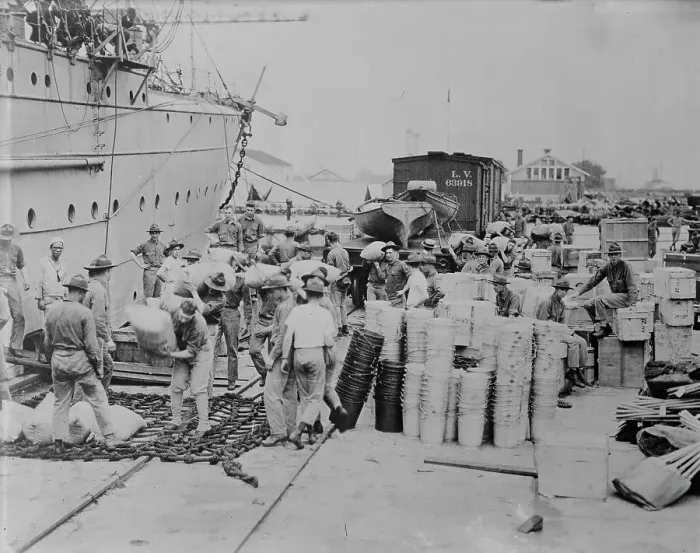 Framed Print : Loading supplies for our army in France, between 1917 and c1920. Creator: Bain News Service Framed Print : Loading supplies for our army in France, between 1917 and c1920. Creator: Bain News Service