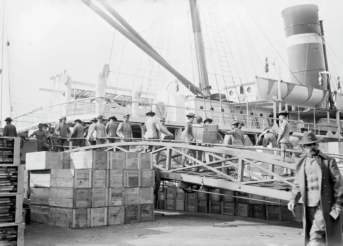 Framed Print : Loading U.S. Army transport ship Meade - League Isl'd. 1913. Creator: Bain News Service Framed Print : Loading U.S. Army transport ship Meade - League Isl'd. 1913. Creator: Bain News Service