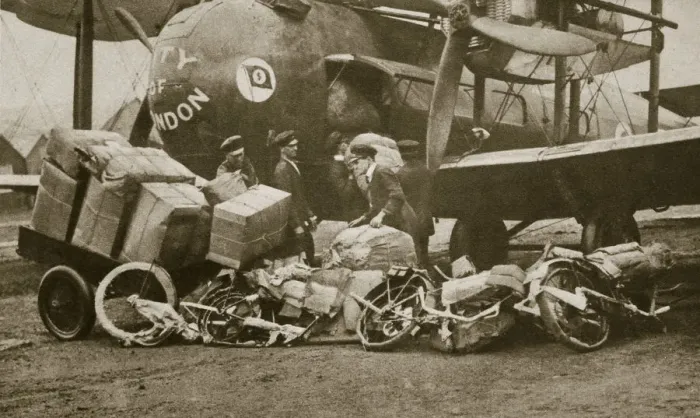 Framed Print : Loading Vickers-Vimy aircraft City of London with motorbike frames for Cologne Framed Print : Loading Vickers-Vimy aircraft City of London with motorbike frames for Cologne