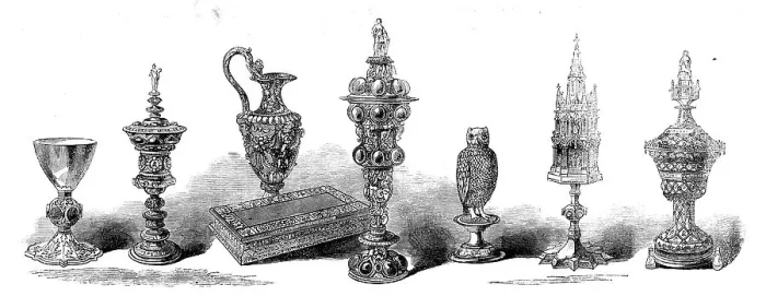 Framed Print : The Loan Collection, South-Kensington: Chalice, cups, ewer, pyx, 1862. Creator: Unknown Framed Print : The Loan Collection, South-Kensington: Chalice, cups, ewer, pyx, 1862. Creator: Unknown