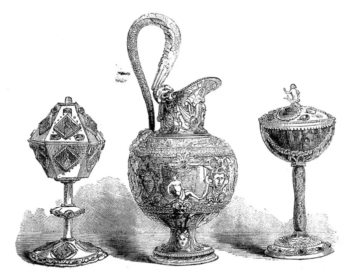 Framed Print : The Loan Collection, South-Kensington: Pyx, ewer, cup, 1862. Creator: Unknown Framed Print : The Loan Collection, South-Kensington: Pyx, ewer, cup, 1862. Creator: Unknown