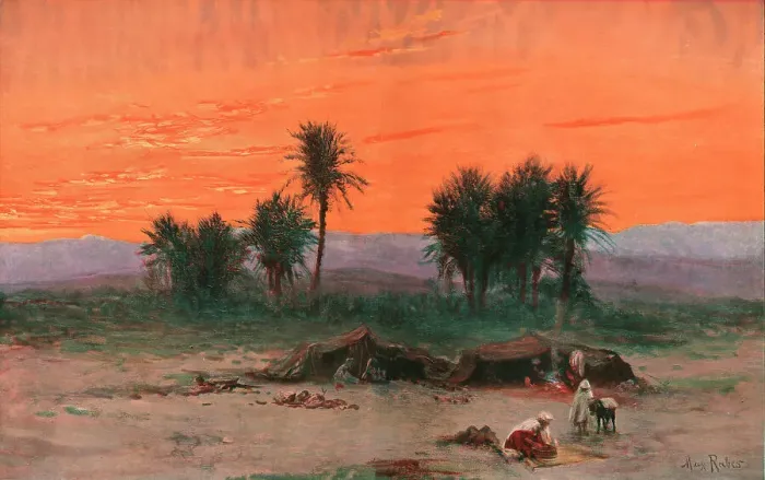 Framed Print : L'oasis de Biskra au soleil couchant; Afrique du nord, 1914. Creator: Max Raber Framed Print : L'oasis de Biskra au soleil couchant; Afrique du nord, 1914. Creator: Max Raber