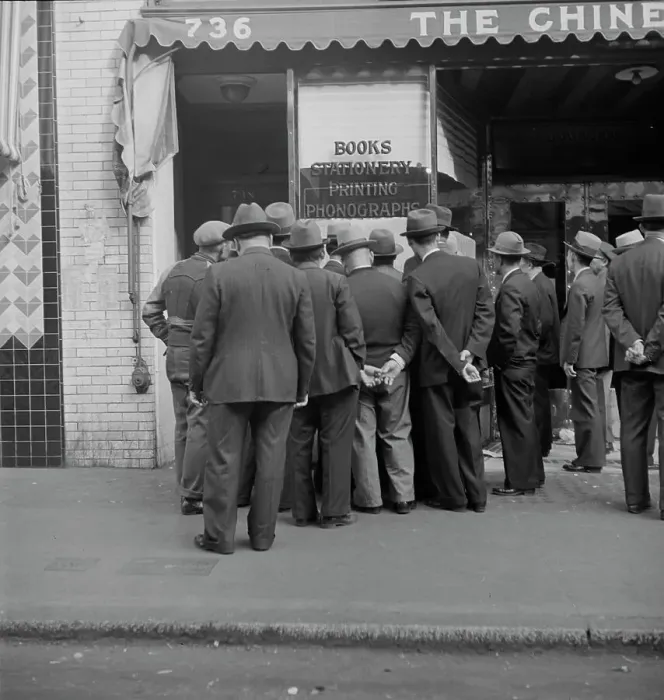 Framed Print : In front of the local paper of San Francisco's Chinatown, 1938. Creator: Dorothea Lange Framed Print : In front of the local paper of San Francisco's Chinatown, 1938. Creator: Dorothea Lange
