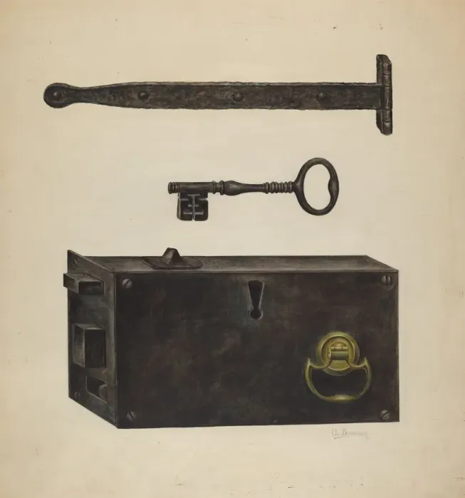 Framed Print : Lock, Key, Hinge, c. 1938. Creator: Charles Bowman Framed Print : Lock, Key, Hinge, c. 1938. Creator: Charles Bowman
